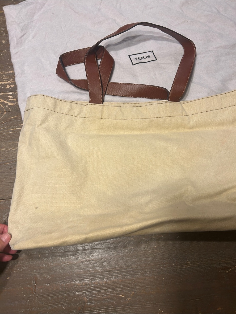 TOUS Cream Canvas Tote with Brown Leather Bear Appliqué - Picture 5 of 14